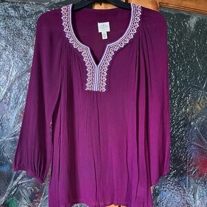 St John’s Bay Embroidered V-Neck Plum Peasant Top